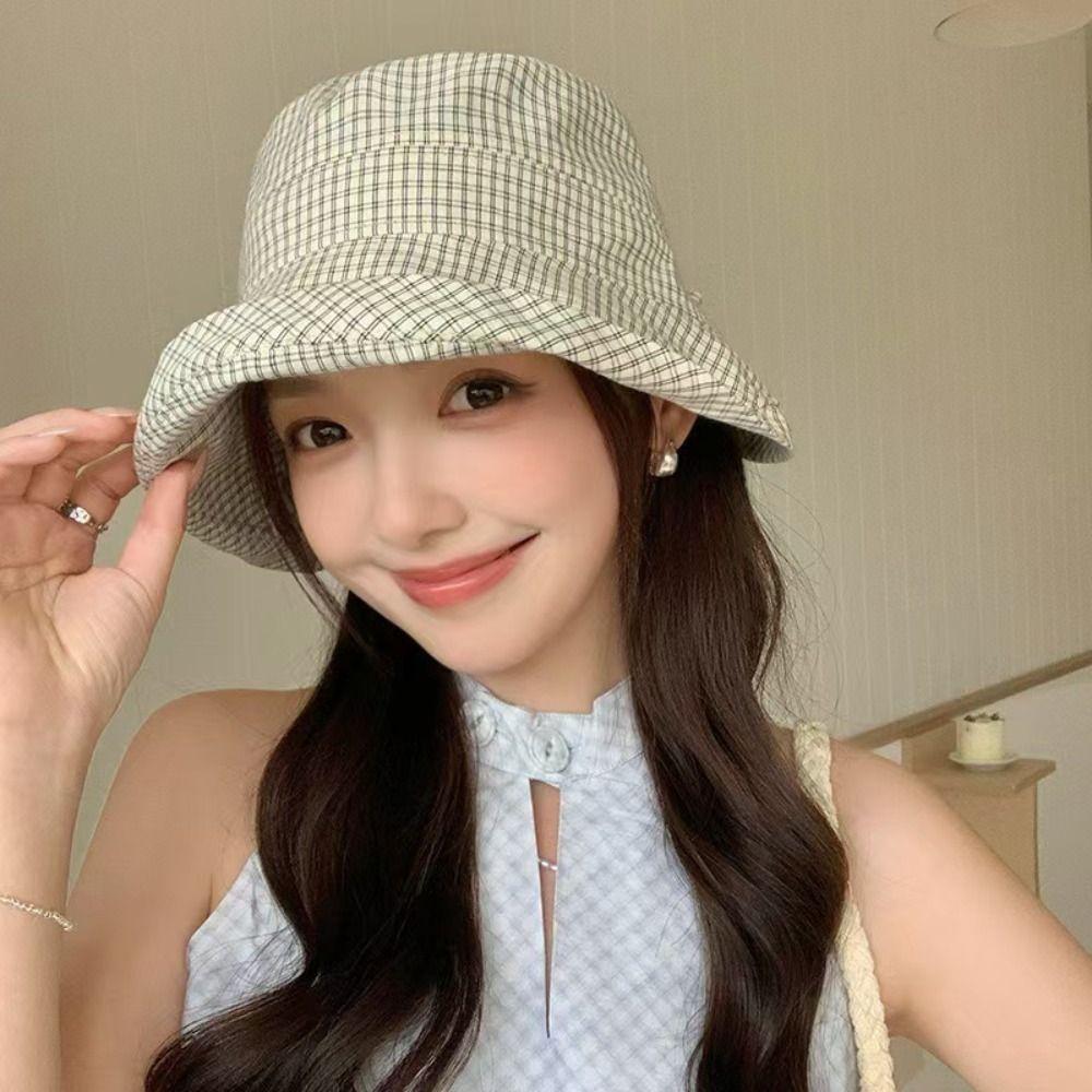 Curled Plaid Bucket Cap Quick-dry Fisherman Caps Ins Plaid Sun Hat  for Women