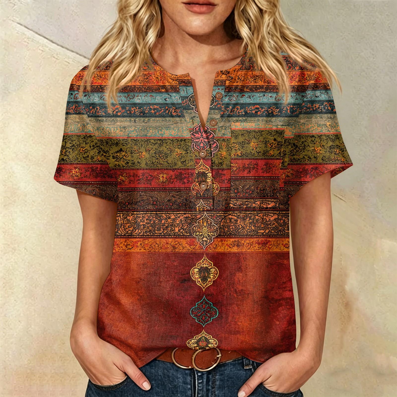 

Women’s Fashion Floral Print Henley Neck Button Front Chest Pocket Short Sleeve Cotton Linen Shirt Top for Casual Wear XXL коричневый
