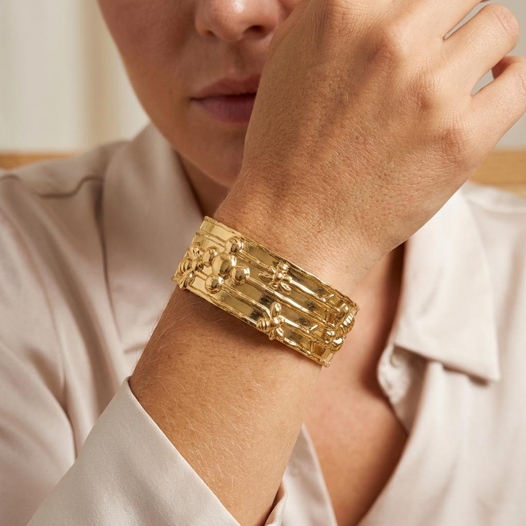 Minimalist Bee Stainless Steel Wide Cuff Bracelet for Women Vintage Gold Plated Waterproof Open Bangle Party Jewelry Gift
