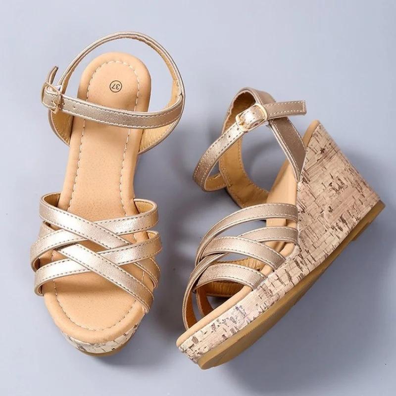 Fashion Women Wedges Sandals 2024 Summer New Buckle Platform Heeled Sandals Roman High Heels Shoes Fashion Brown Casual Woman Sandalias