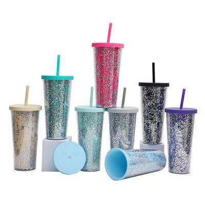 24OZ/710ml Water Cup with Straw Glitter Double Wall Wavy Edge Straight Tumbler Juice Iced Coffee Cup Daily Use