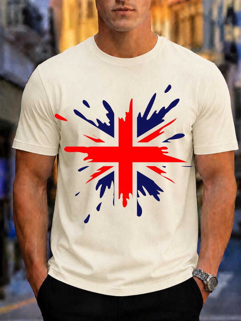 2026 New Arrival Pure Cotton Tshirt Splash Ink Uk Union Jack Flag Print Crew Neck Unisex Casual Short Sleeve