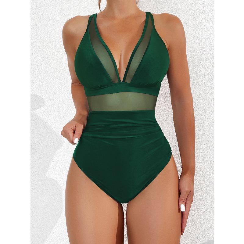 2026 New Bikini European and American Solid Color Mesh Halter Sexy Bikini One-piece Swimsuit Swimsuit