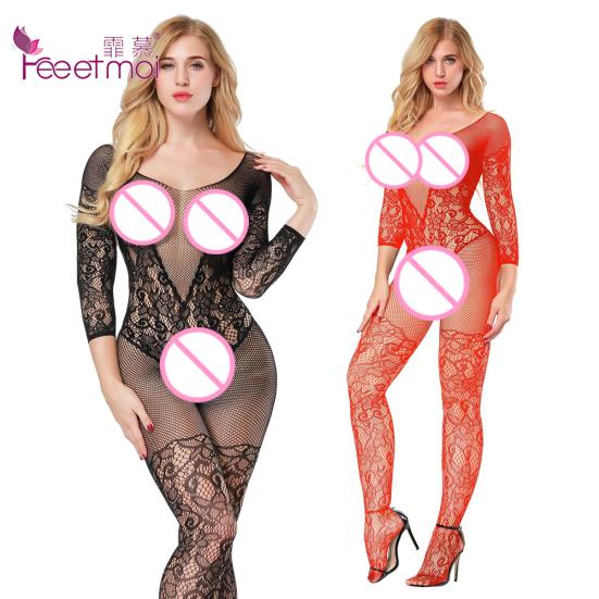 Lace Lingerie Sexy Hot Erotic Embroidery Body Babydoll Sleepwear Stockings Sexy Hollow Long Sleeve Nightwear