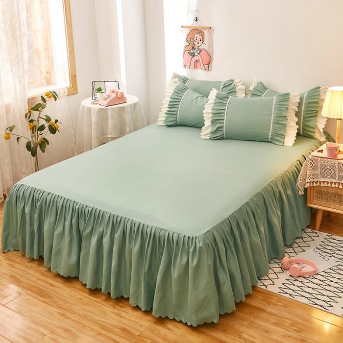 Solid Color Bed Skirt Set 3Pcs Ruffles Bed Skirt with 2 Pillowcases Romantic Queen Size Bedding Set Girls Princess Room Decor