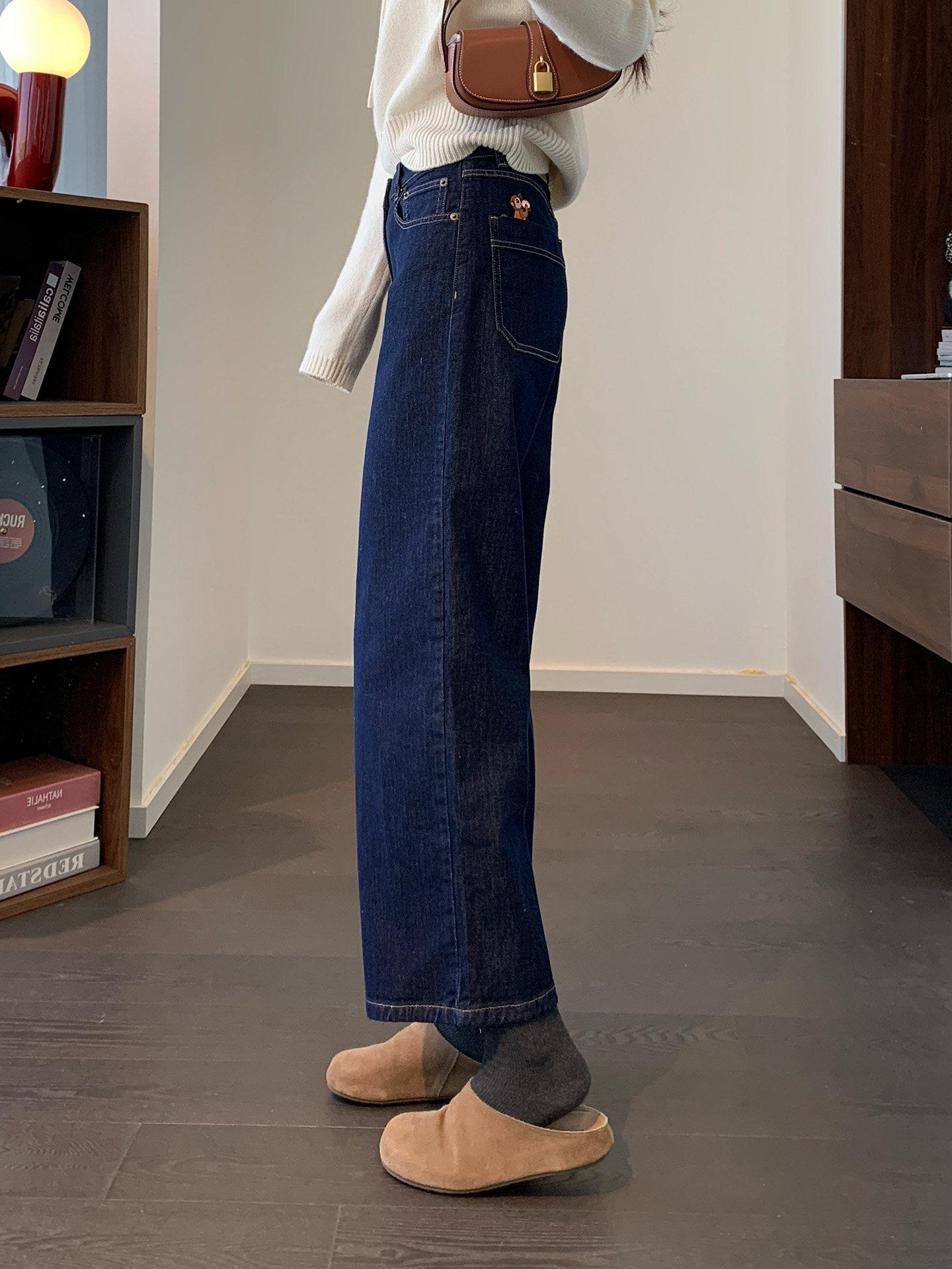 Xiao He Golden Monkey High-Waisted Embroidered Slimming Dark Blue Straight-Leg Jeans 26 30 темно-синий