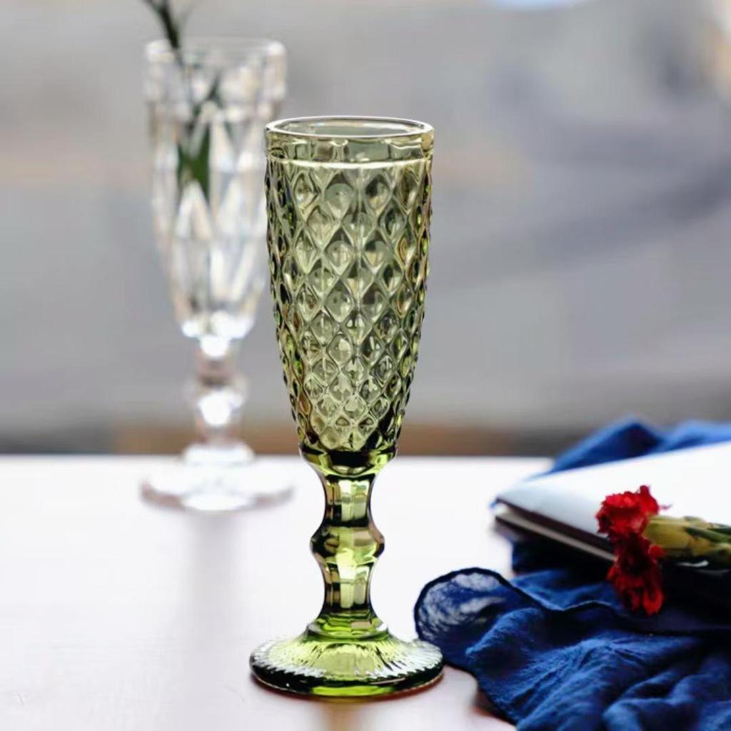 Vintage Tall-Stemmed Champagne and Wine Glasses, Embossed Thickened Juice Cups, Retro Cocktail Style