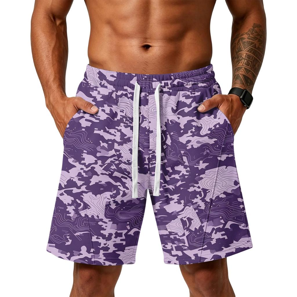 Herren lockere Camouflage-Print Sportshorts mit Taschen für Fitnessstudio Training Laufen Strandbekleidung Kordelzug Taille