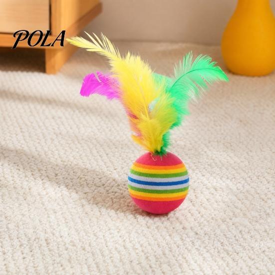 Chasing Cat Ball Colorful Striped Ball, Soft Foam with Feathers, Quiet Feathers Feather Interactive Toy for Indoor Cats Kittens