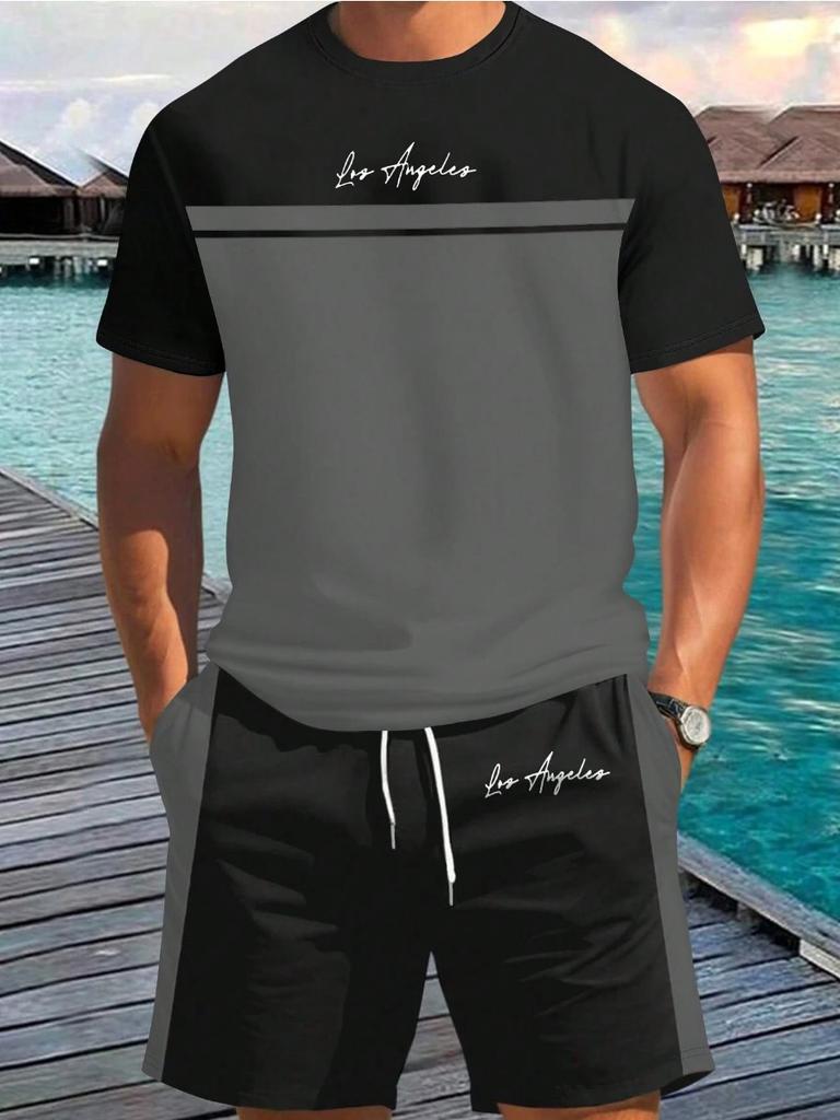 Summer Top Men's Letter 3D Print Short-Sleeve T-Shirt Stylish Mens Shorts Set Vacation Beach Casual T-Shirt 2-Piece