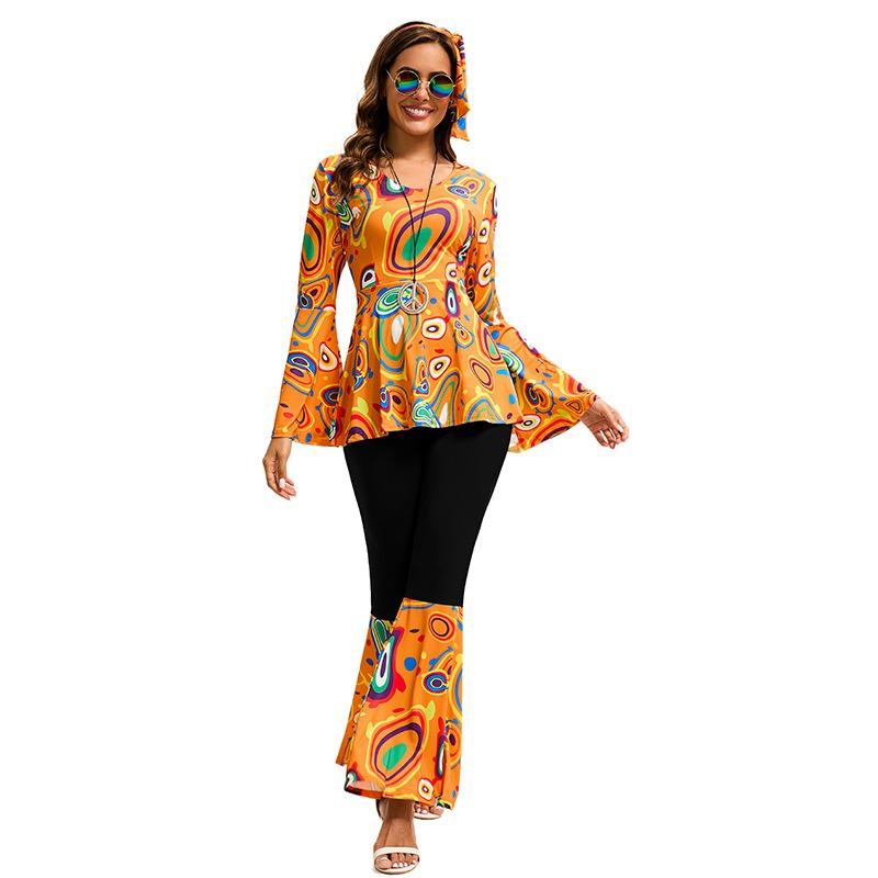 New Multi-color Printed Top, Pants Splicing Set, Including Headscarf, Disco Dance Suit Women