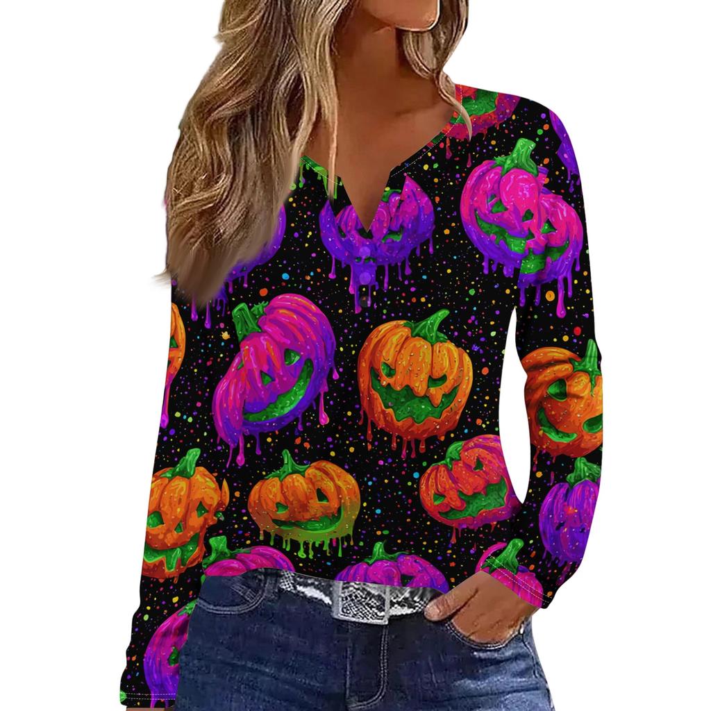 Women's Casual Long Sleeve V-Neck T-Shirt with Halloween Print and Decorative Buttons
