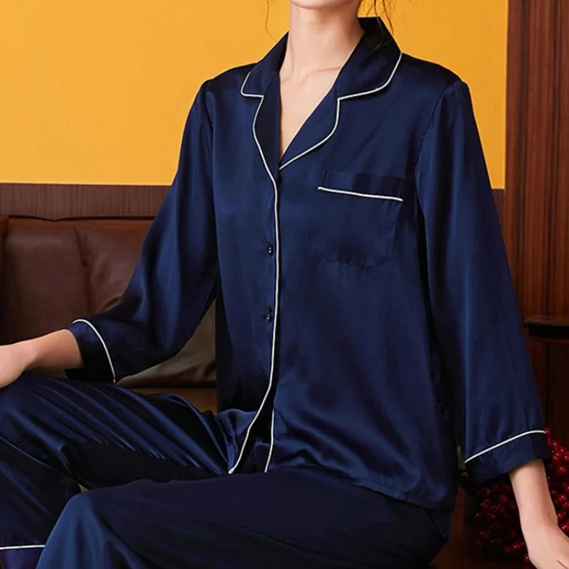 Silk Pajama Set Women's Summer and Autumn Long Sleeve Mulberry Silk Home Clothes Silk Women's Pocket Pajama Set