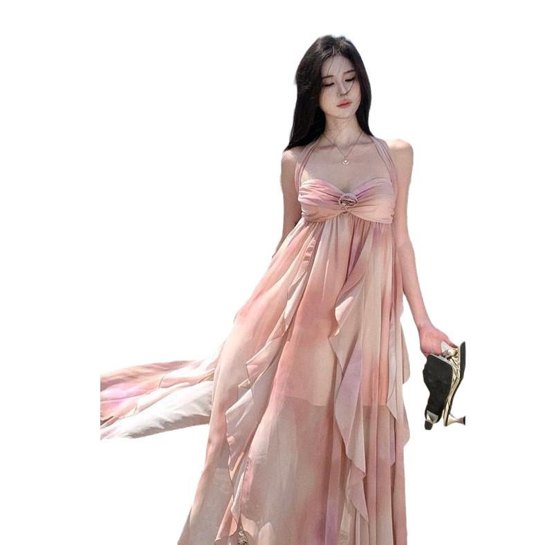 Elegantní šaty bez zad s volánky ve francouzském stylu na halterový krk pro ženy - Ideální na letní dovolenou u moře