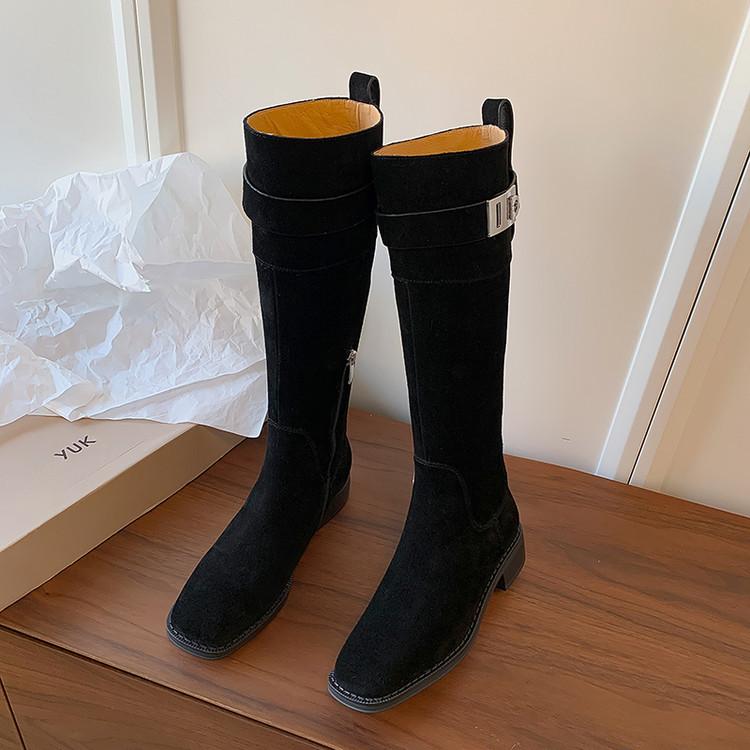 

2025 new cowhide boots children s autumn and winter square head medium heel high boots large size boots thick leg female knight boots 40 чёрный