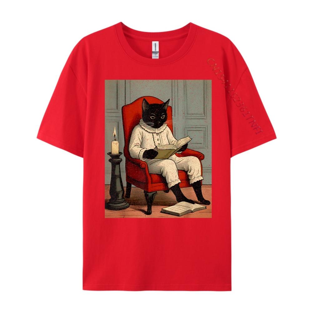 Funny Black Cat Reading A Book Fall Clothes Aesthetic Men's T-Shirts Loose