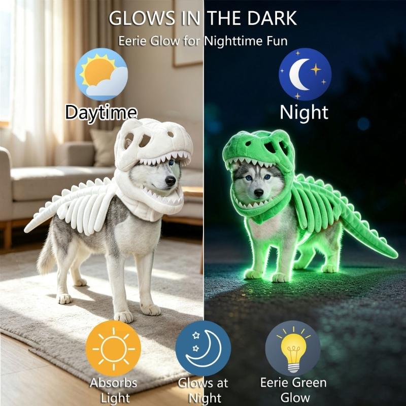 Halloween Dinosaurierskelett Kostüm für Haustiere, Skelettschädel und Rippen Design Outfit mit gepolsterter Wirbelsäule und Schwanz für Hunde und Katzen Cosplay