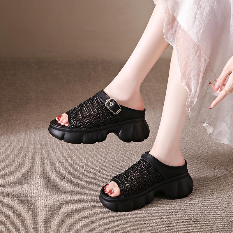 Thick-bottomed muffin Birkencool slippers for women's summer wear 2025 new high-end skirt hollow-woven one-word slippers
