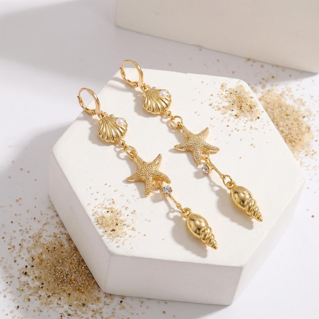 Bohemia Metal Starfish Shell Tassel Drop Earrings for Women Exquisite Imitation Pearl Seashells Earring Summer Party Jewelry