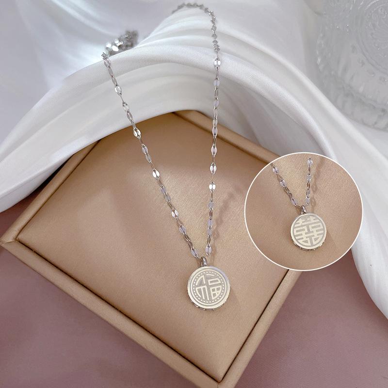 Titanium Steel Fu Character With Drill Double-Sided Furnace Real Gold Necklace Female Collarbone Chain With Jewelry