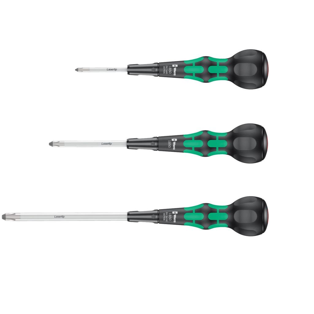 Wera Laser Tip Ball Grip Screwdriver Set, 3-Piece Set, Black/Green, Germany, 1850 PH1 x 80mm / 1850 PH2 x 100mm / 1850 PH3 x 150mm