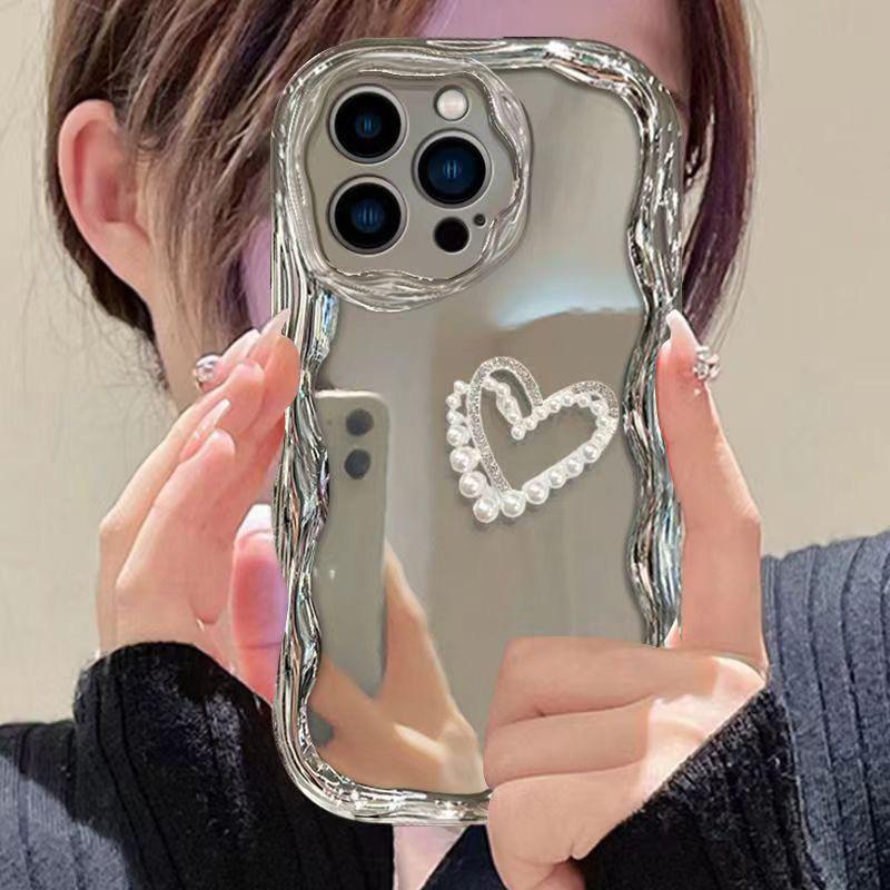 Plated Mirror 16 Phone Case for Apple 17 Promax Pearl Heart for IPhone 14 Silicone All Inclusive Anti Drop