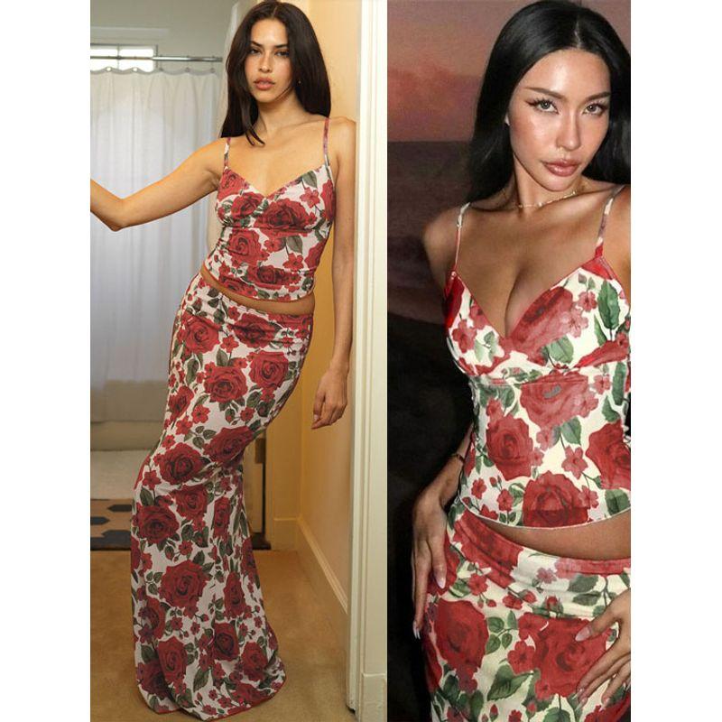 

Amazon Fashion Style Summer New Arrival Fashion Style Floral Printed V-neck Small Sling Sheath Close-Fitting Dress Suit Red S