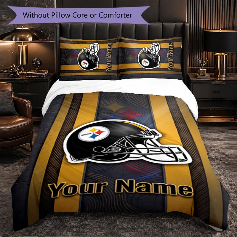 Pittsburgh Steelers Customized Name Text Bedding Set, 1 Duvet Cover & 2 Pillowcases Personalized Bedroom Gift