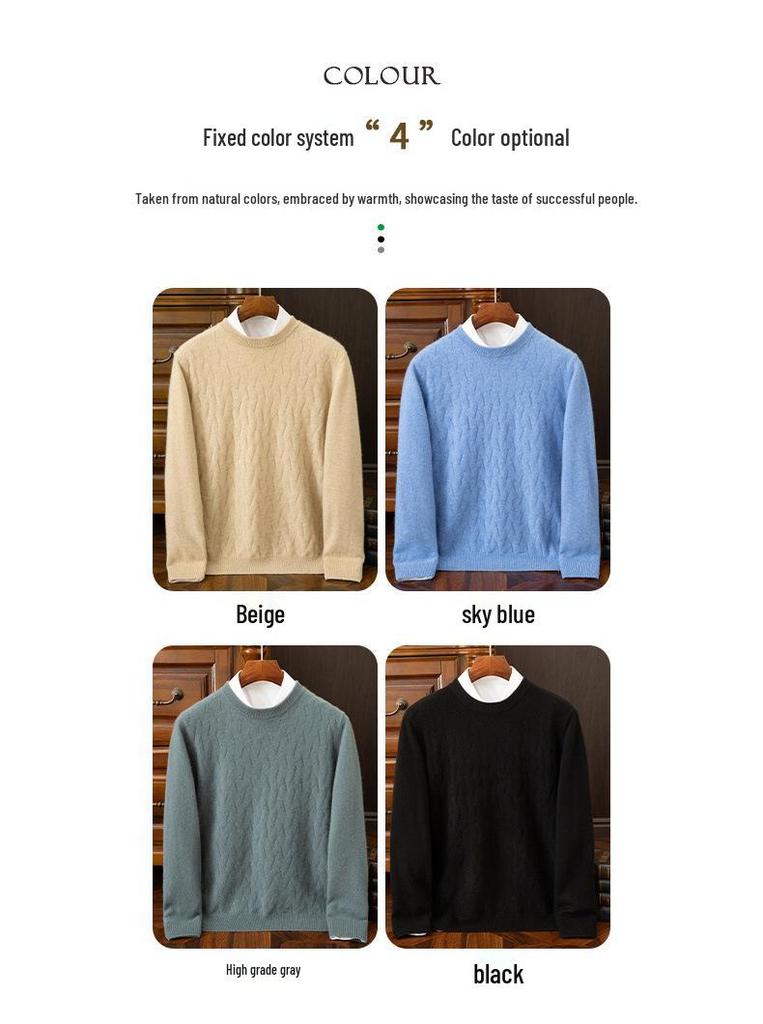 Men's Thickened Warm Cashmere Sweater - Round Neck, Solid Color, Casual Knitwear for Autumn/Winter.