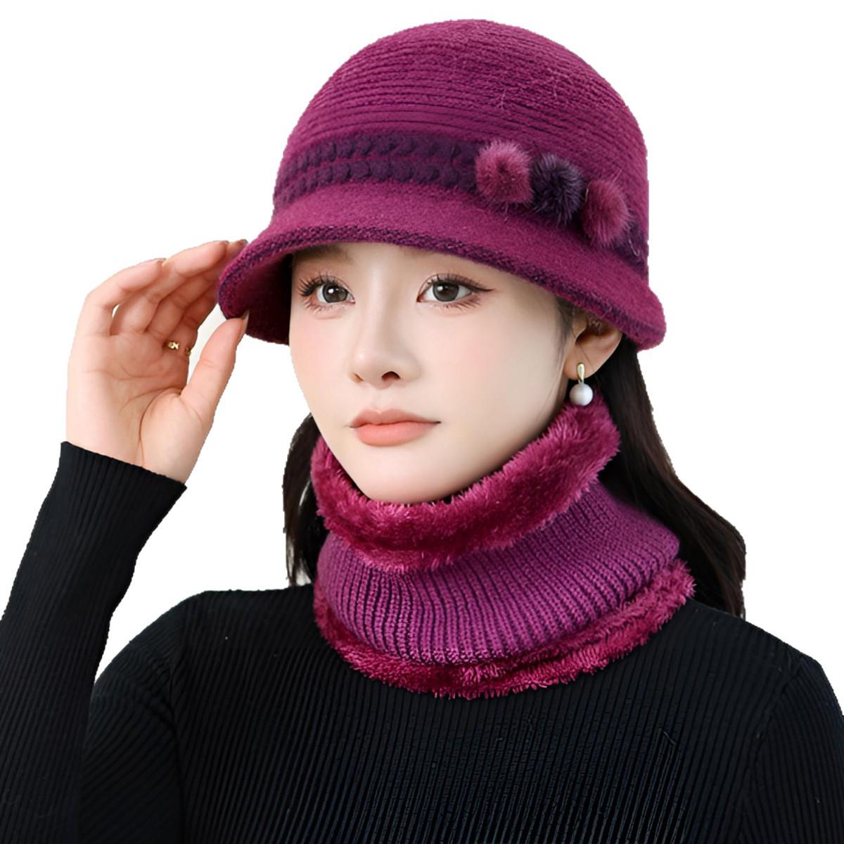 

Женский осенне-зимний вязаный бархатный комплект шапка и шарф из кроличьего пуха - Теплый для среднего и пожилого возраста