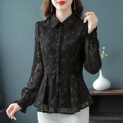 Spring Chiffon Shirt Women's Long-sleeved Temperament Waist Women's Small High-end Foreign Style Middle-aged Top Clothes