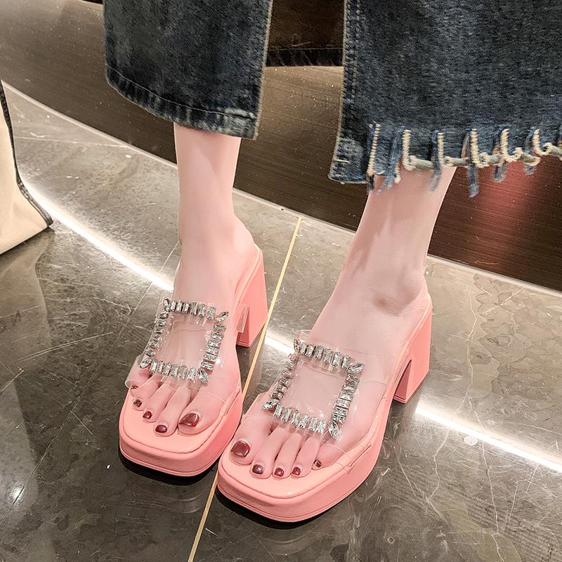 2024 High Quality Women's Shoes Summer Fashion Open Toe Solid Color Women's Slippers Transparent Rhinestone Women's High Heels