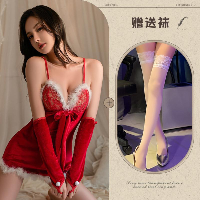 Sex underwear women's sexy plush suspender short skirt Christmas dress free