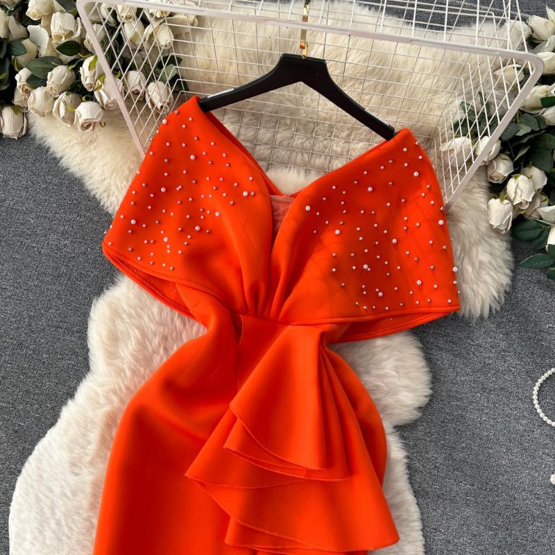 Elegant Sexy Party One Piece Dress Women High Waist Rhine Stone Pleated Split Dresses Lady Fairy Slim Fashion Design Dress 2025 New