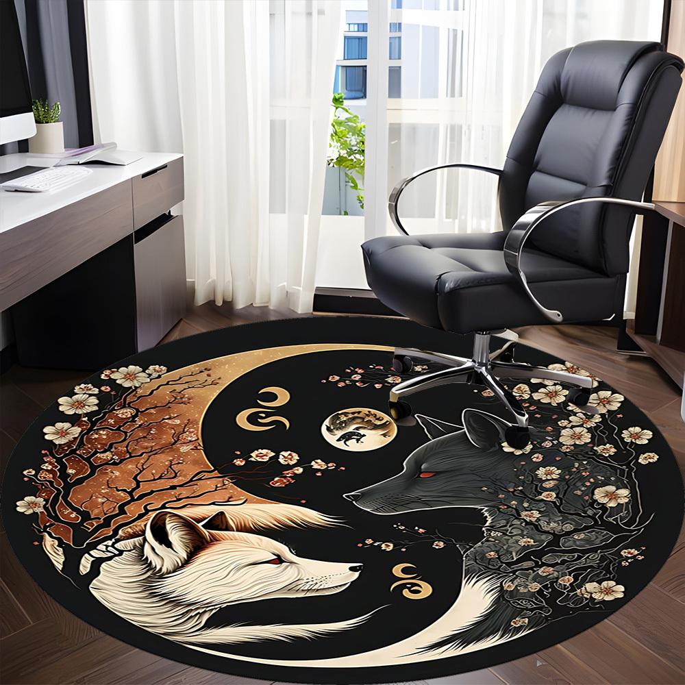 1pc Wolf Moon Office Round Area Rug, Indoor Mat Suitable For Office, Under Office Chairs Bedroom Living Room Home Decor, Room Deco