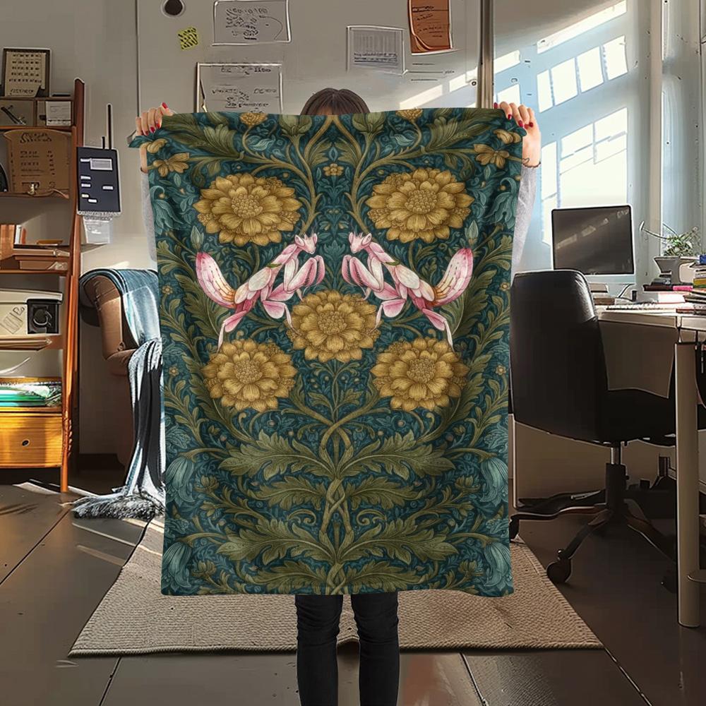 1PC Floral Animals Print FlAannel Blanket, High quality Comfortable for All Seasons, Home Decor, Warmth and Comfort
