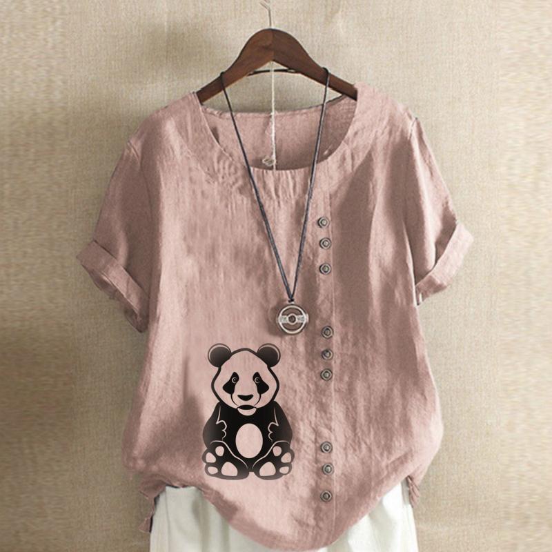 Women's Fashion Panda Print Short Sleeve T-shirt Loose Cotton Shirt Casual Loose Summer Blouse Tops