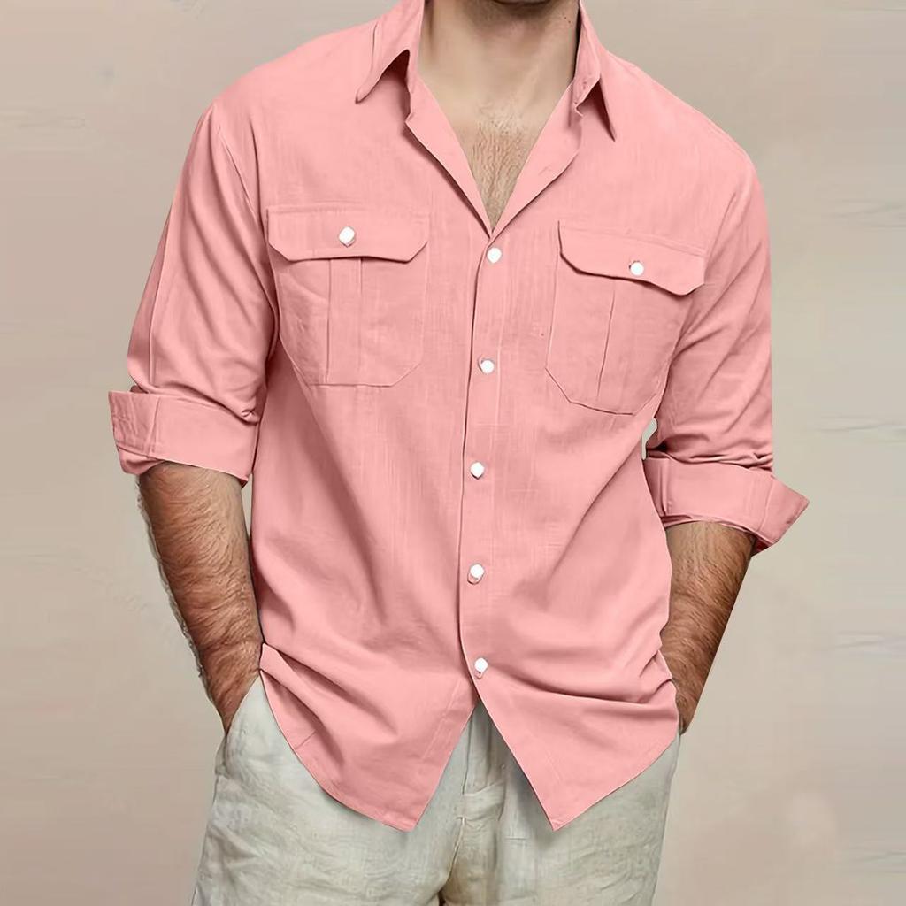 Camicia da uomo a maniche lunghe in cotone con doppia tasca, colori casual