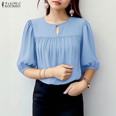 Women Casual Round Neck Solid Color 3/4 Sleeve Blouse