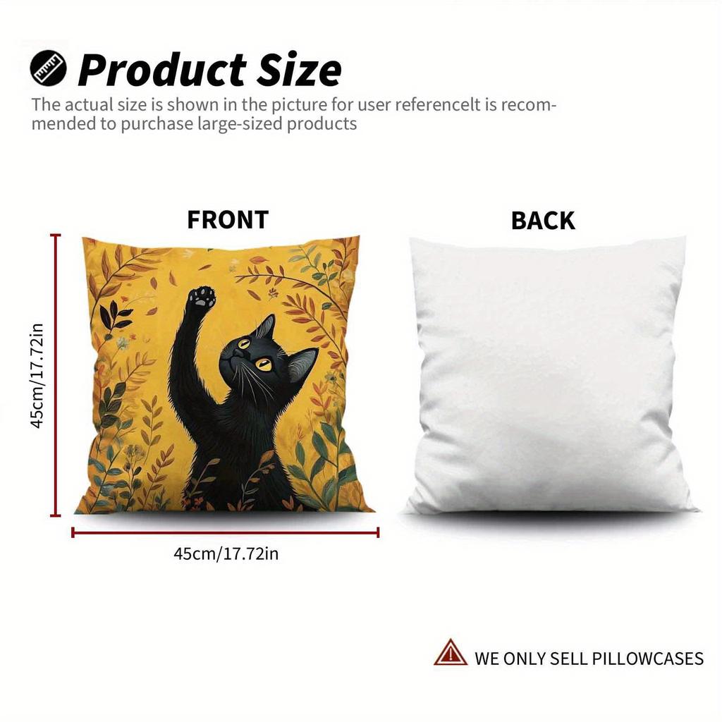 4pcs Black Cat Leaf Pattern Digital Printing Pillow Cover Short Plush Suitable Living Rooms Bedrooms Sofas Throw Cushion Cover