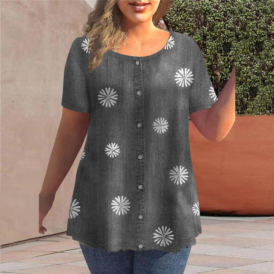 Tricou de vară pentru femei Cowboy Daisy Print Tricouri cu mânecă scurtă Topuri casual imprimate