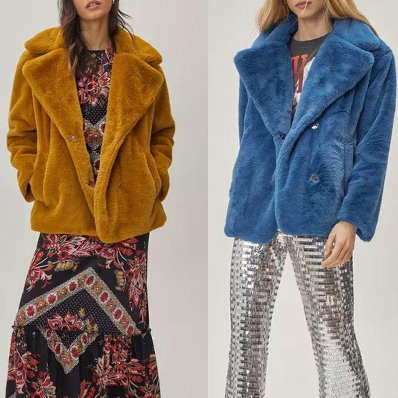 

Большой накладной карман Теплая зимняя плюшевая искусственная шуба Blue XL