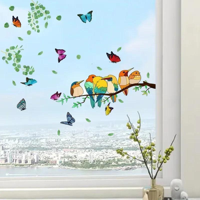 Home Wanddekoration doppelseitig Zweig bunt Vogel Schmetterling Wandaufkleber elektrostatische Glasfenster visuelle Wandaufkleber