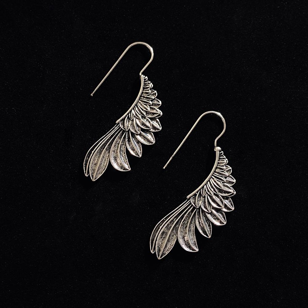 Fashion Retro Inlay Zircon Ancient Silver Feather Texture Angel Devil Wing Pendant Dangle Earrings for Women Gothic Punk Jewelry
