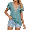 Camiseta de verano para mujer, camisetas de Color liso con manga corta y cuello en V de encaje dorado