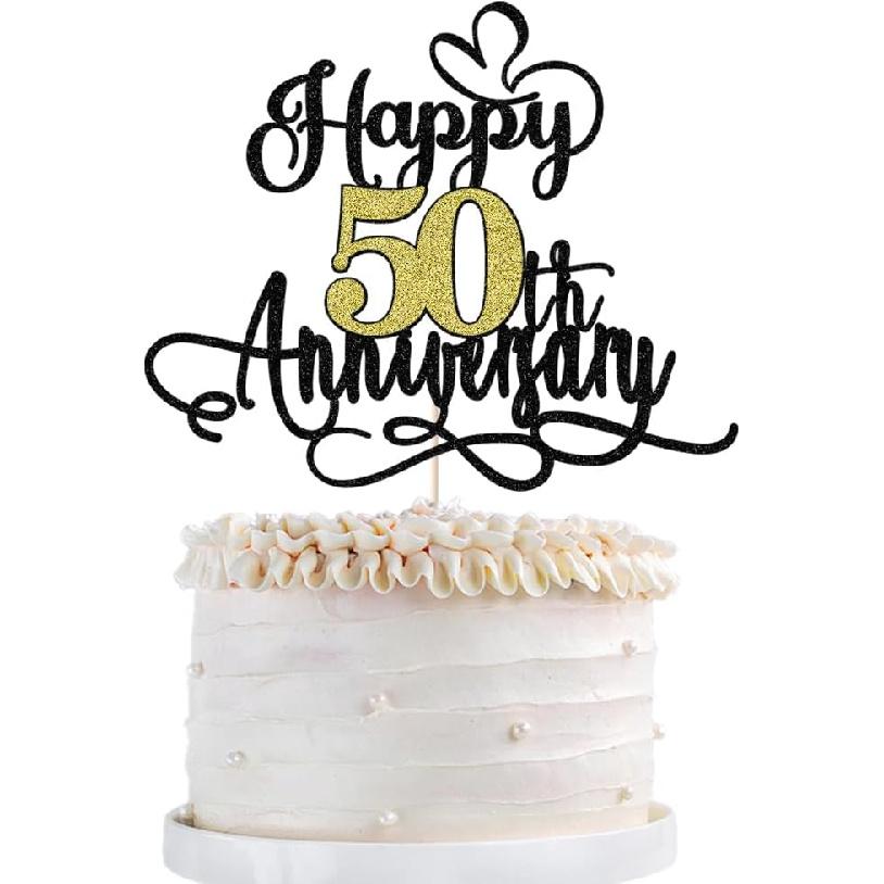 Black Gold Happy 50th Anniversary Cake Toppers- 50 Wedding Anniversary Party Decoration Ideas,Birthday Cake Decorations,50th Anniversary