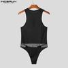 INCERUN Men Sleeveless See Through Hollow Bodysuits Mesh Patchwork Skinny Jumpsuits
