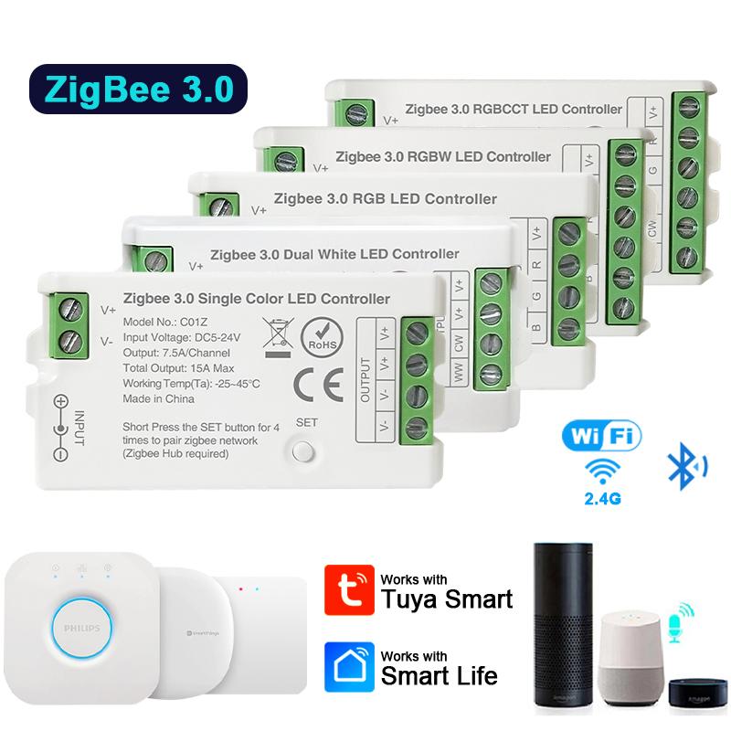 Zigbee 3.0 LED Controller WiFi APP Remote for PWM Dim CCT RGB RGBW RGBCCT LED Strip Bridge Tuya Gateway Voice Control DC5V-24V