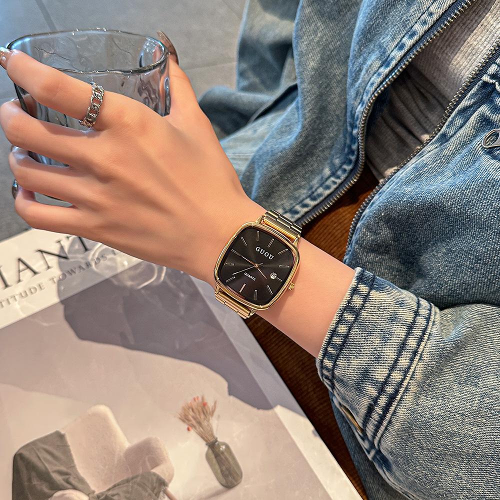 New Japanese Retro Style Watch Square Women'S Watch, Couple'S Watch With Calendar, Simple And Elegant Large Dial, Unique Design.