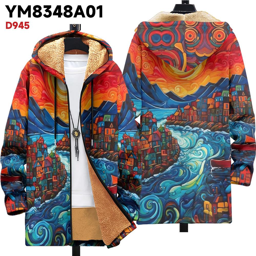 New jacket: multi-colored pattern elements, zipper hooded cardigan, thickened winter fleece padded clothes, yellow lining, trendy cotton clothes